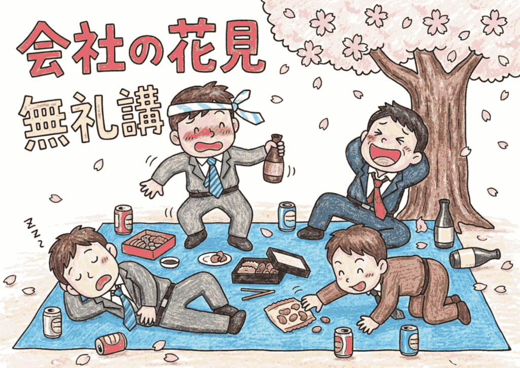 会社のお花見シーン塗り絵イラスト無料ダウンロード用フリー画像素材