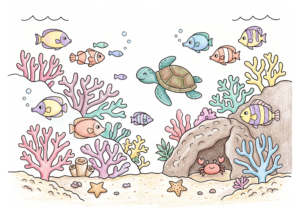 サンゴ礁の断面の塗り絵イラスト
