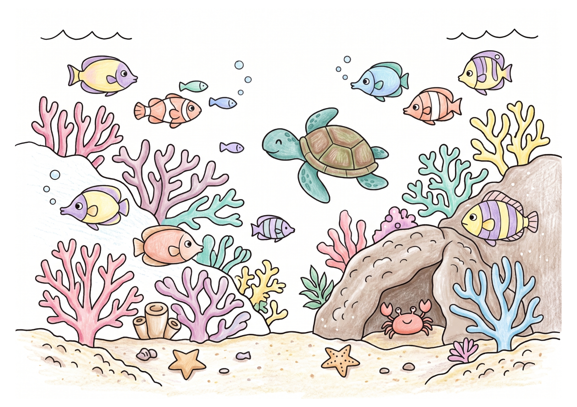 サンゴ礁の断面の塗り絵イラスト