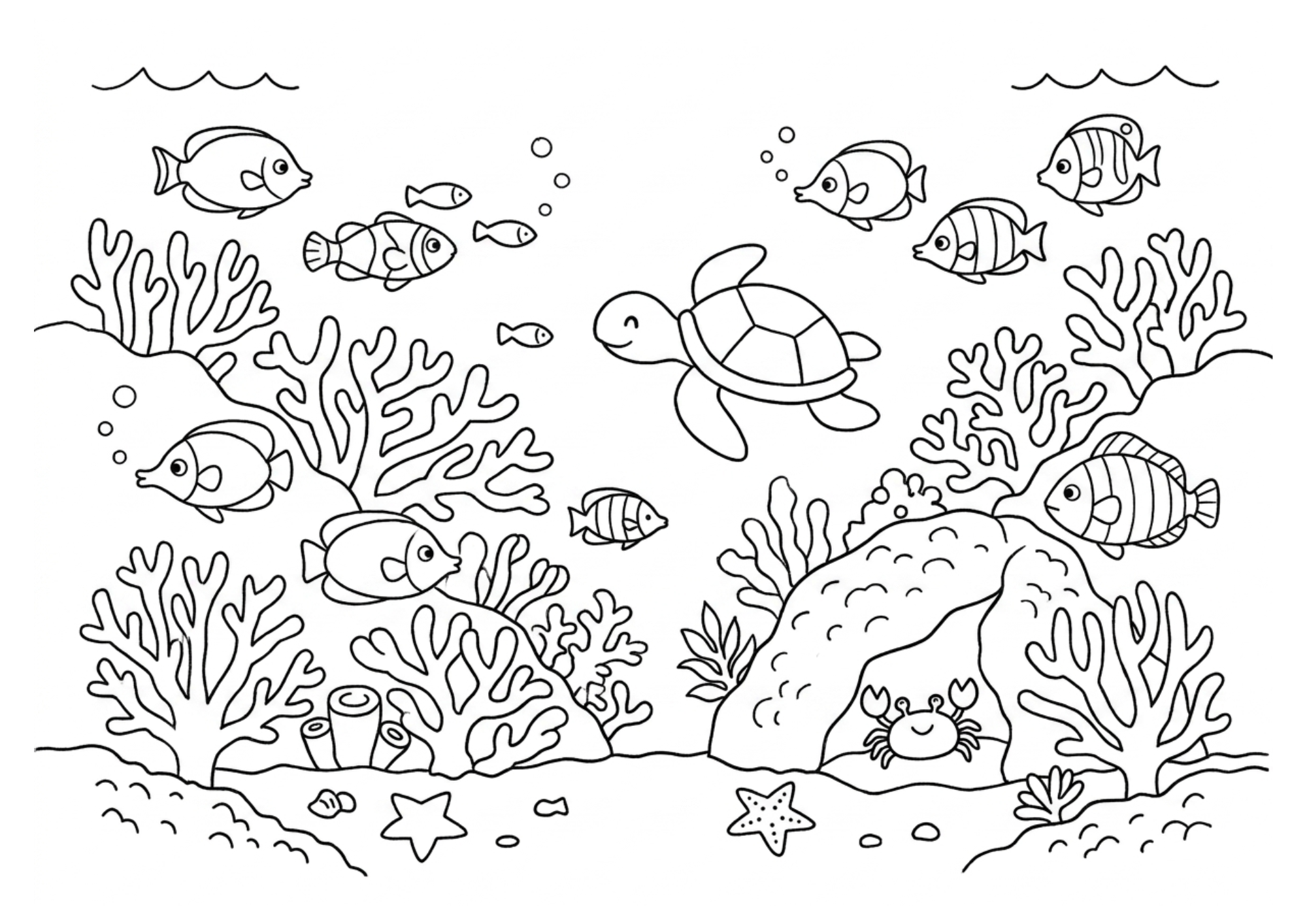 サンゴ礁の断面の塗り絵白黒、子供向け無料印刷