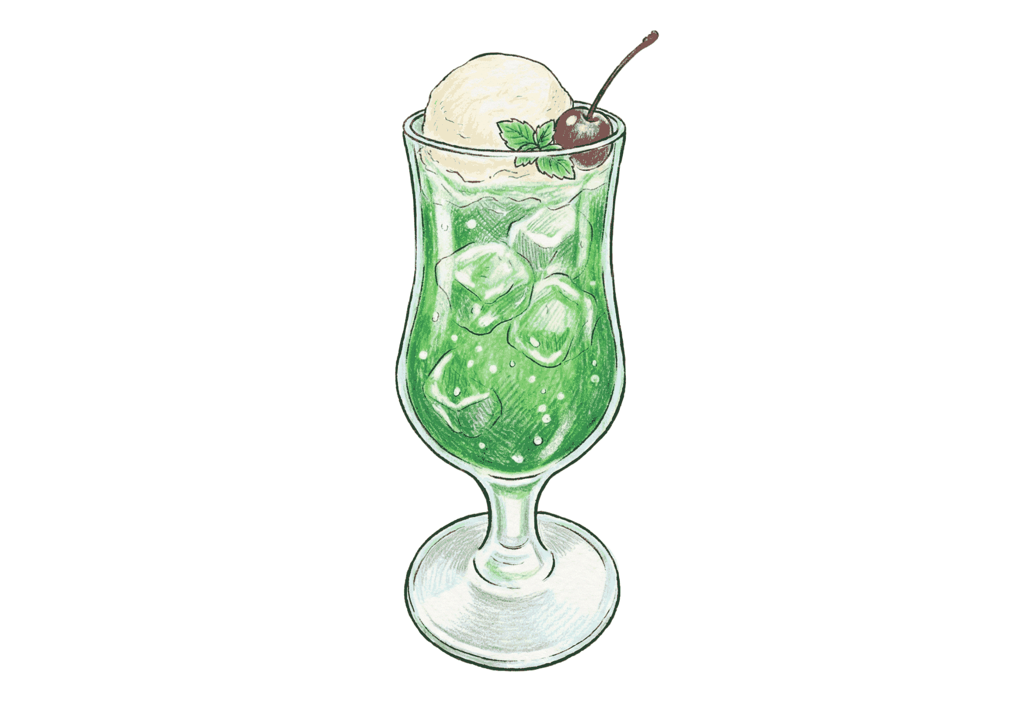 クリームソーダの塗り絵イラスト|無料ダウンロード|喫茶店スイーツ|高齢者向けフリー画像素材