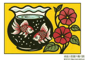 高齢者向け無料塗り絵｜金魚鉢と夏の朝顔｜7月・8月に最適な見本付き