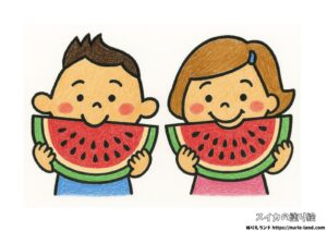 スイカを食べるの塗り絵イラスト カラー見本（無料・印刷OK）