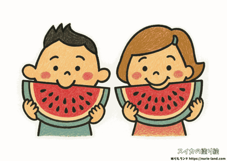 スイカを食べるの塗り絵イラスト