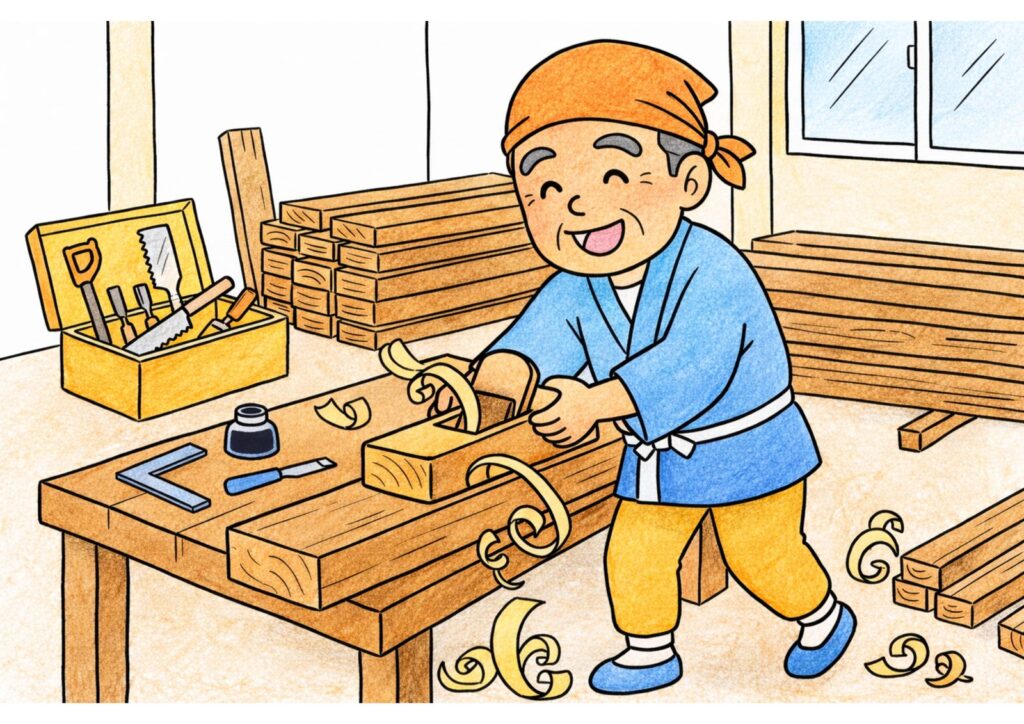 大工さんと鉋（カンナ）の塗り絵イラスト カラー見本（無料・印刷OK）
