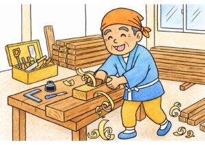 大工さんと鉋（カンナ）の塗り絵イラスト カラー見本（無料・印刷OK）