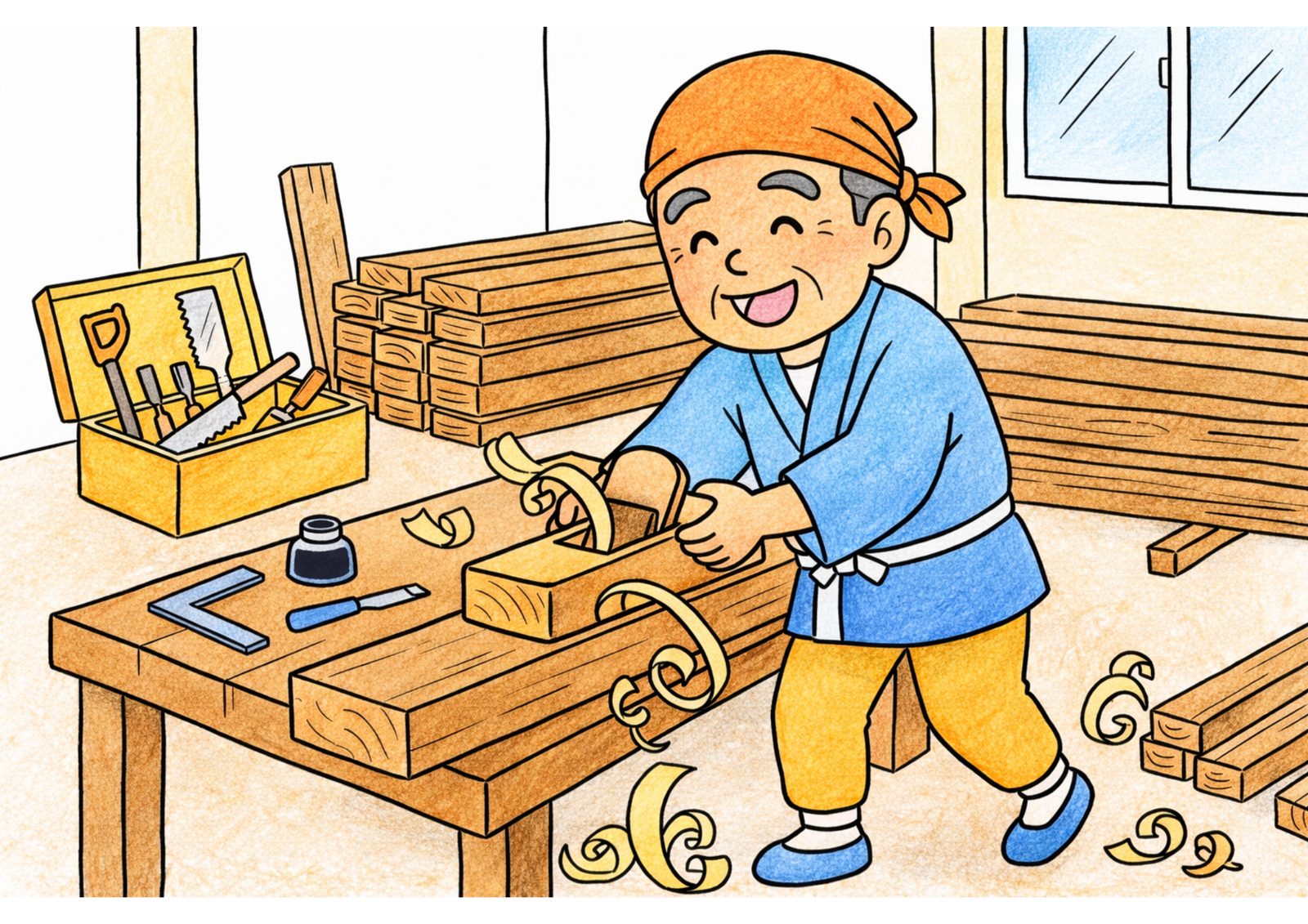 大工さんと鉋(カンナ)の塗り絵イラスト カラー見本(無料・印刷OK)