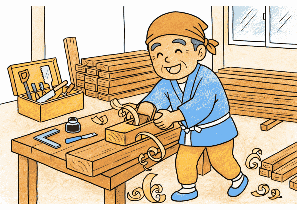 大工さんが鉋（カンナ）で木材を削っている塗り絵 カラー見本