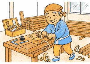 大工さんが鉋（カンナ）で木材を削っている塗り絵 カラー見本