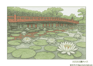 8月の無料ぬりえ｜高齢者向け｜天王川公園の蓮と赤い橋の風景