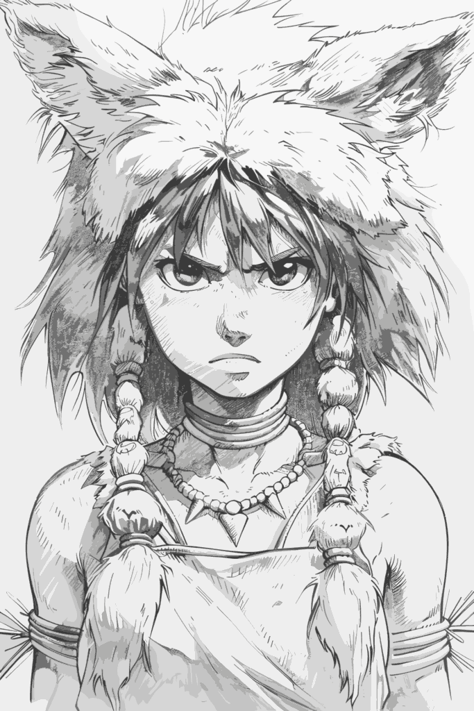 もののけ姫のコスプレしてる女の子の無料塗り絵 プリントしてダウンロードできます