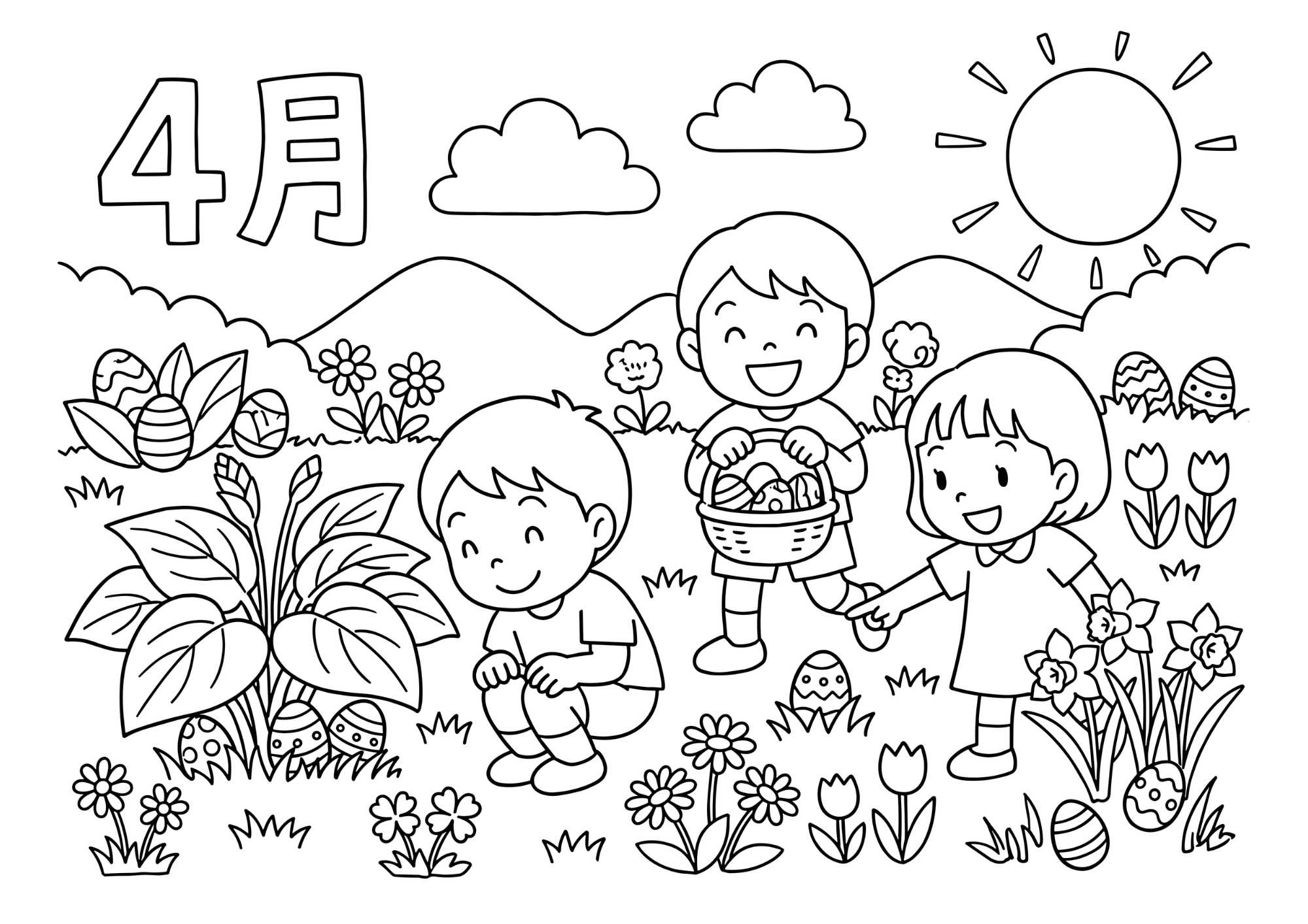 イースターエッグハントの塗り絵 白黒線画 花畑でエッグを探す子供たち
