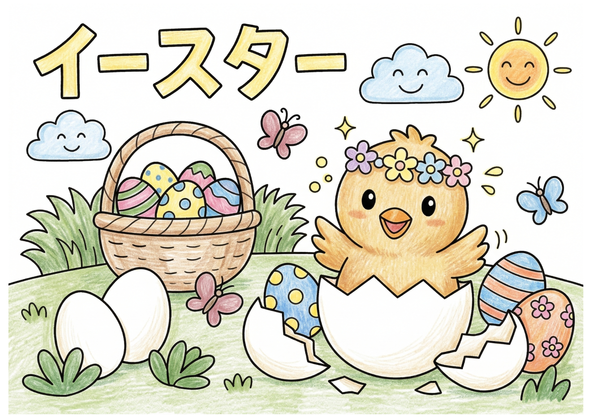 イースターひよこの塗り絵イラスト