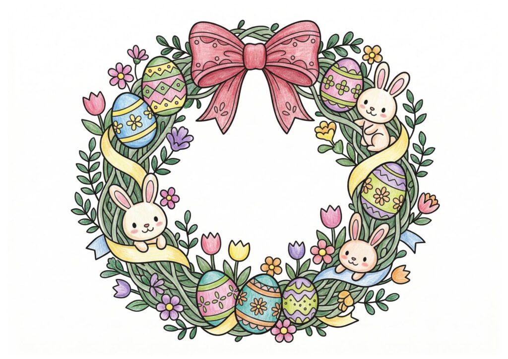 イースターリースの塗り絵イラスト カラー見本（無料・印刷OK）