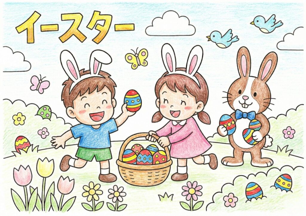 イースターの塗り絵イラスト カラー見本（無料・印刷OK）