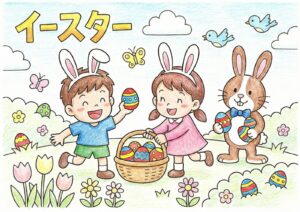 イースターの塗り絵イラスト カラー見本（無料・印刷OK）