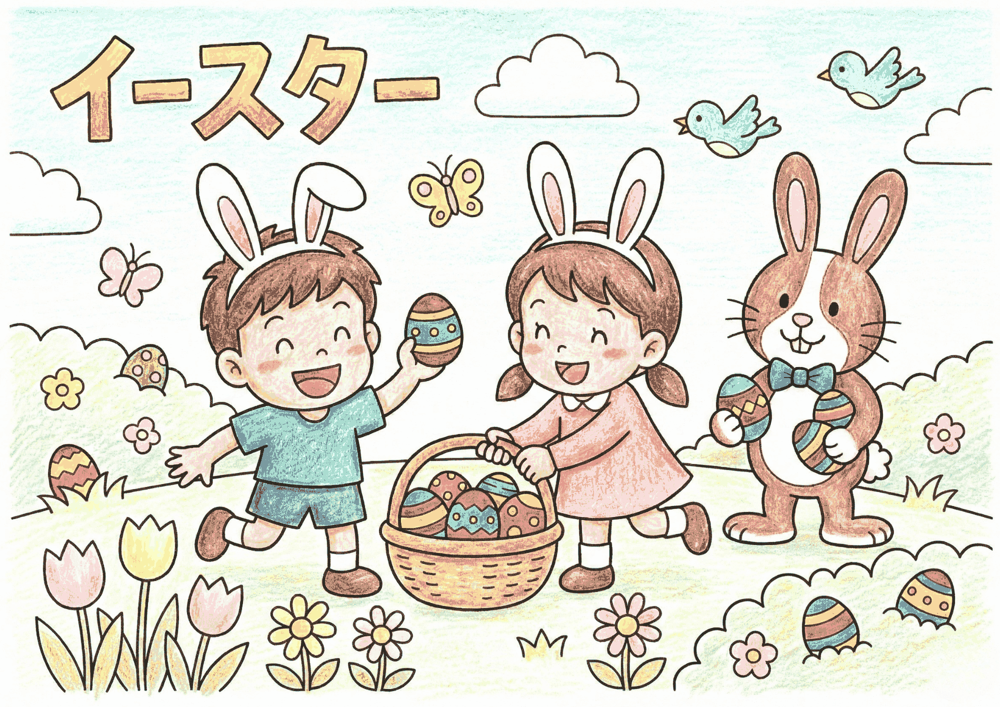 イースターの塗り絵画像｜無料ダウンロードできる子供向け春の塗り絵イラスト白黒フリー画像素材