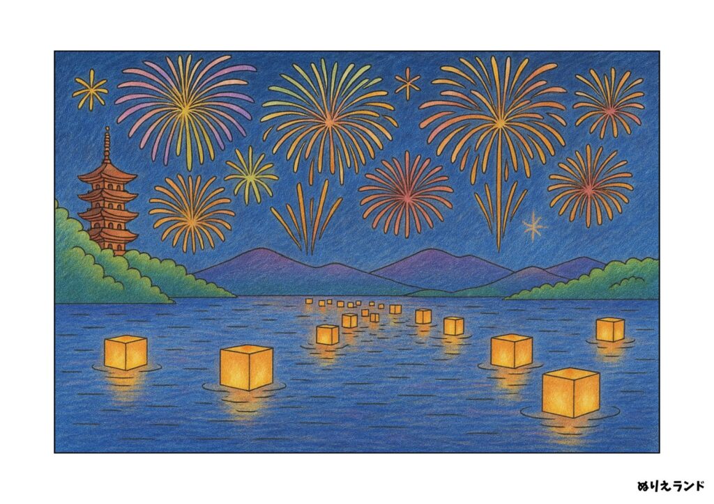 灯籠流しと花火の風景の塗り絵イラスト カラー見本（無料・印刷OK）