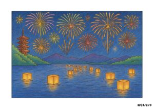 灯籠流しと花火の風景の塗り絵イラスト カラー見本（無料・印刷OK）