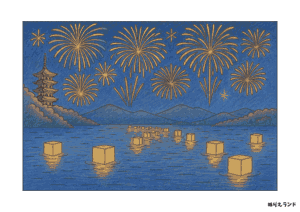 灯籠流しと花火の風景ぬりえ｜高齢者向け無料ダウンロード素材