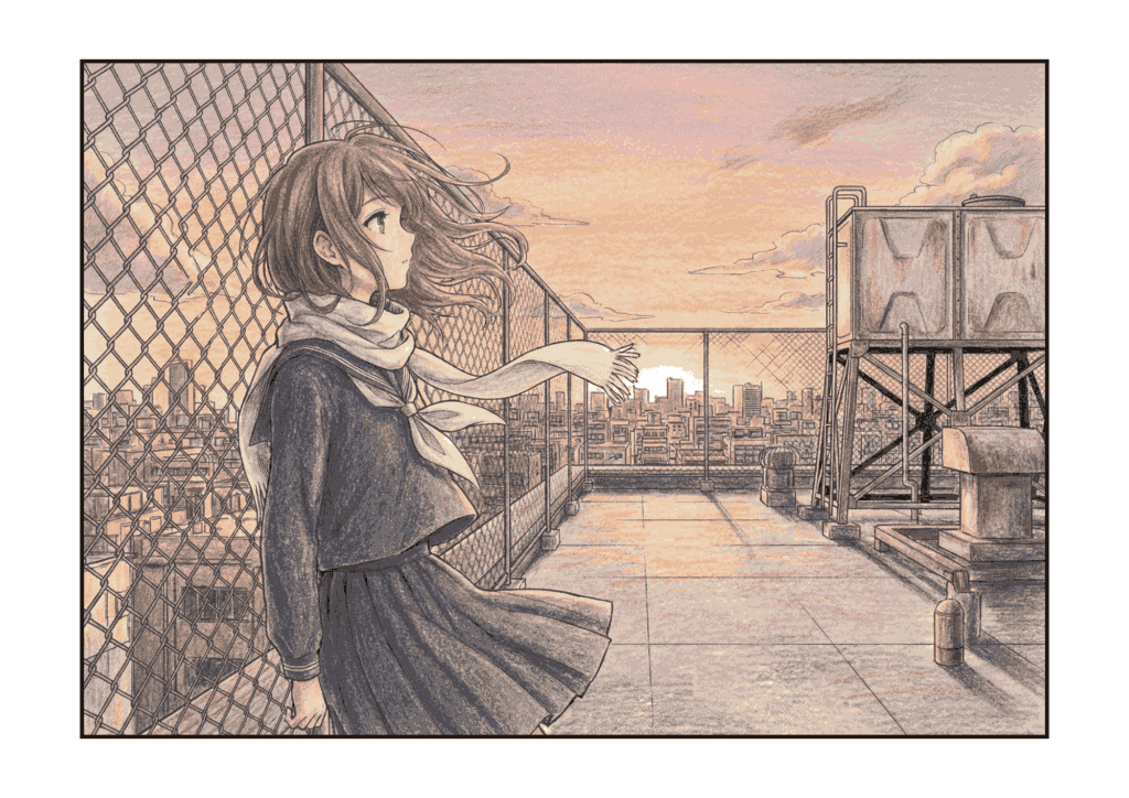 屋上の女子高生ぬりえ｜エモい夕暮れ｜大人・高校生向け塗り絵イラスト｜無料ダウンロード｜フリー素材