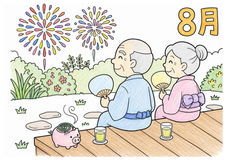 縁側で打ち上げ花火を見る老夫婦の塗り絵イラスト