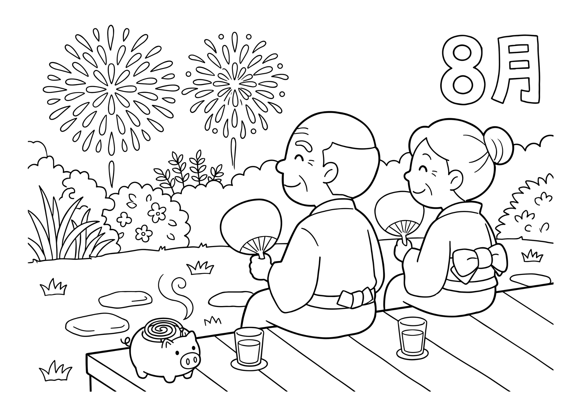 縁側で打ち上げ花火を見る老夫婦の塗り絵イラスト 白黒線画 印刷用(無料)