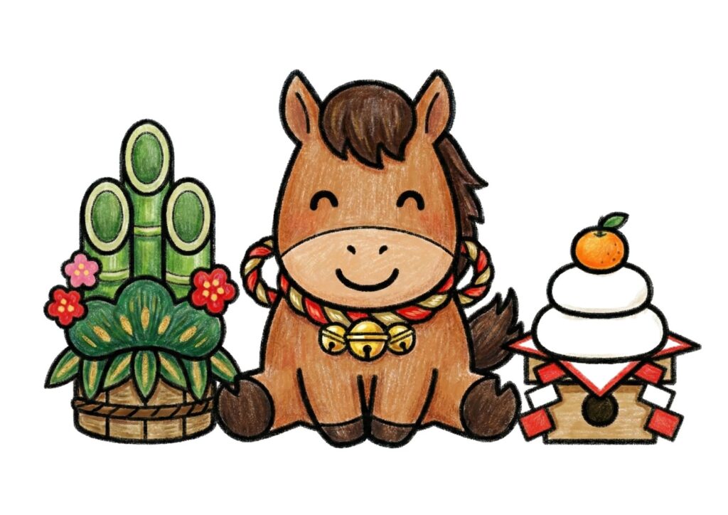 お正月の馬のぬりえ素材の塗り絵イラスト カラー見本（無料・印刷OK）