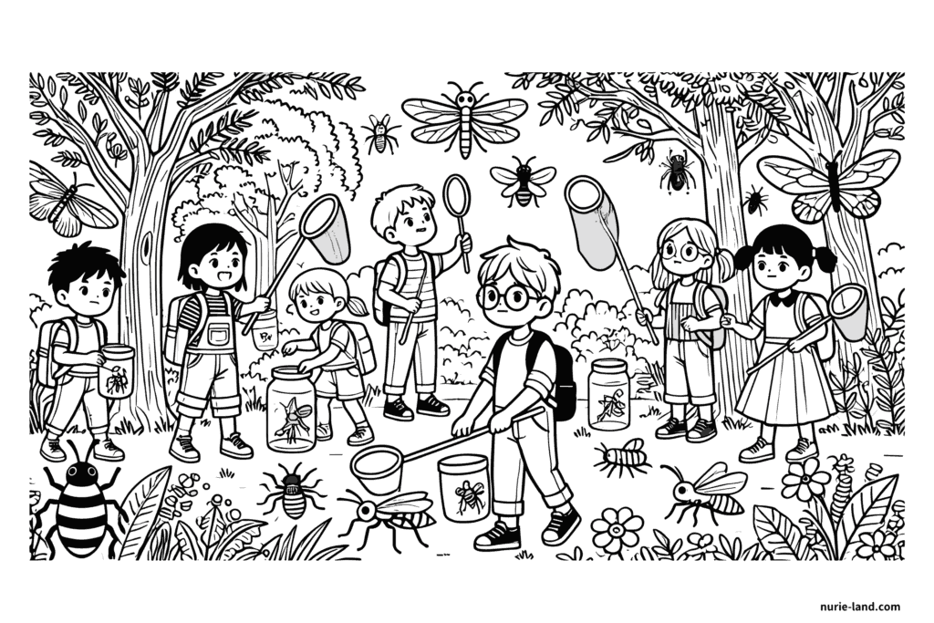 夏休みに虫取りする子供たちの塗り絵 簡単な高齢者用 プリントしてダウンロードできます