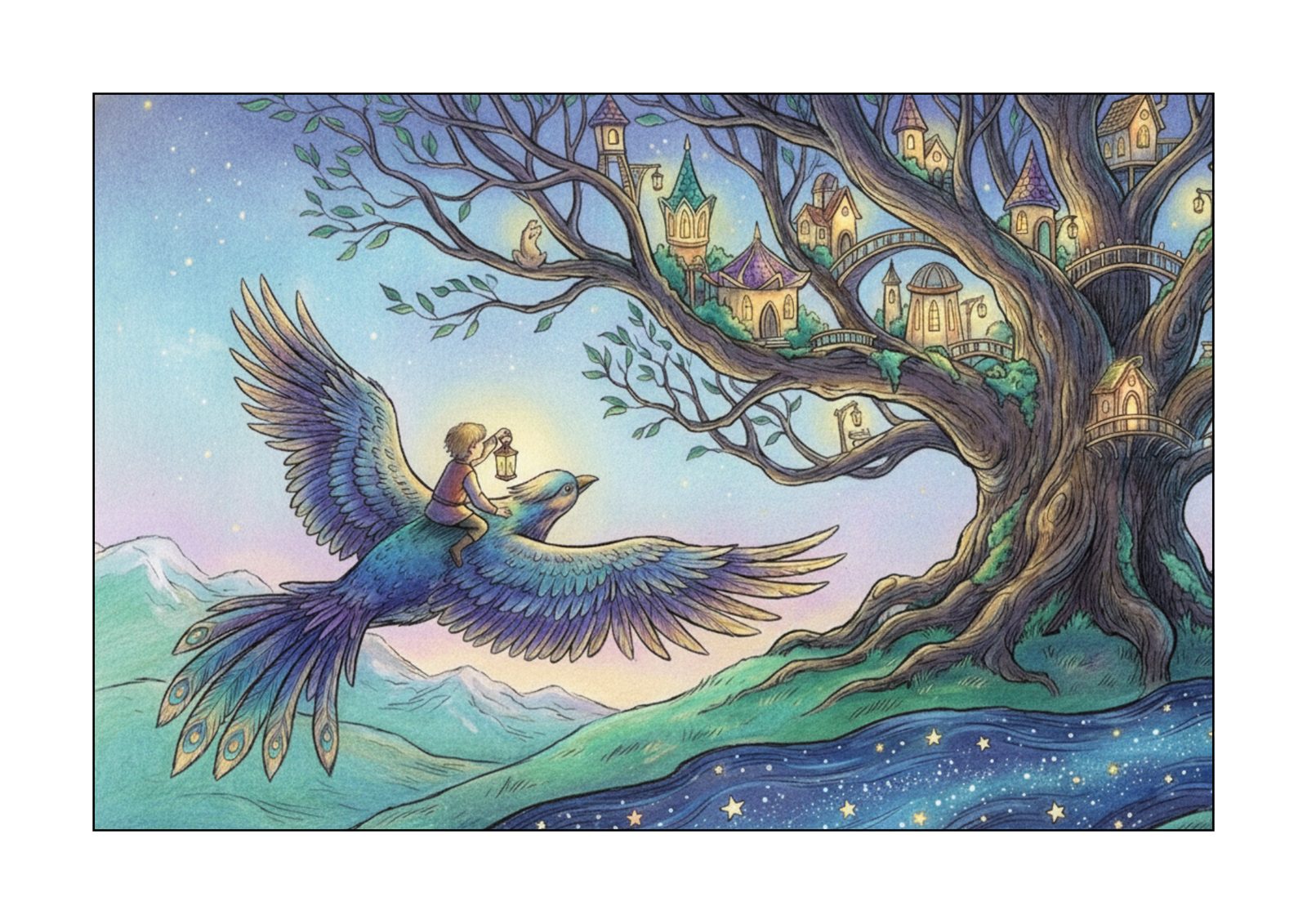 幻想的な森と鳥のコロリアージュの塗り絵イラスト カラー見本(無料・印刷OK)