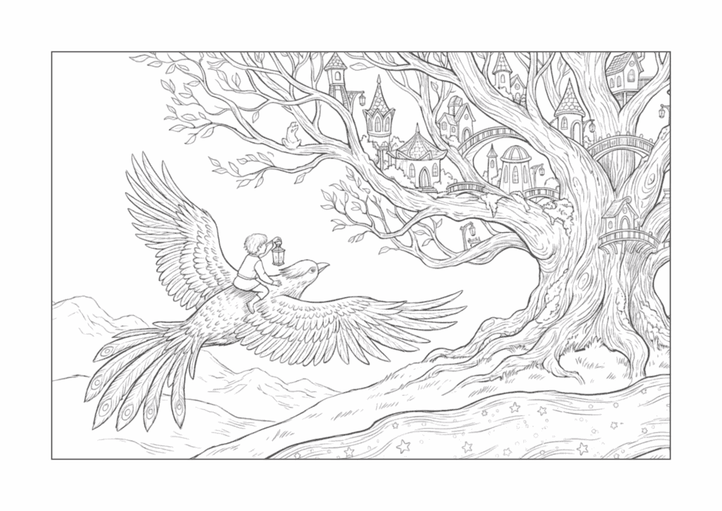 幻想的な森と鳥のコロリアージュ塗り絵の塗り絵 カラー見本 無料ダウンロード