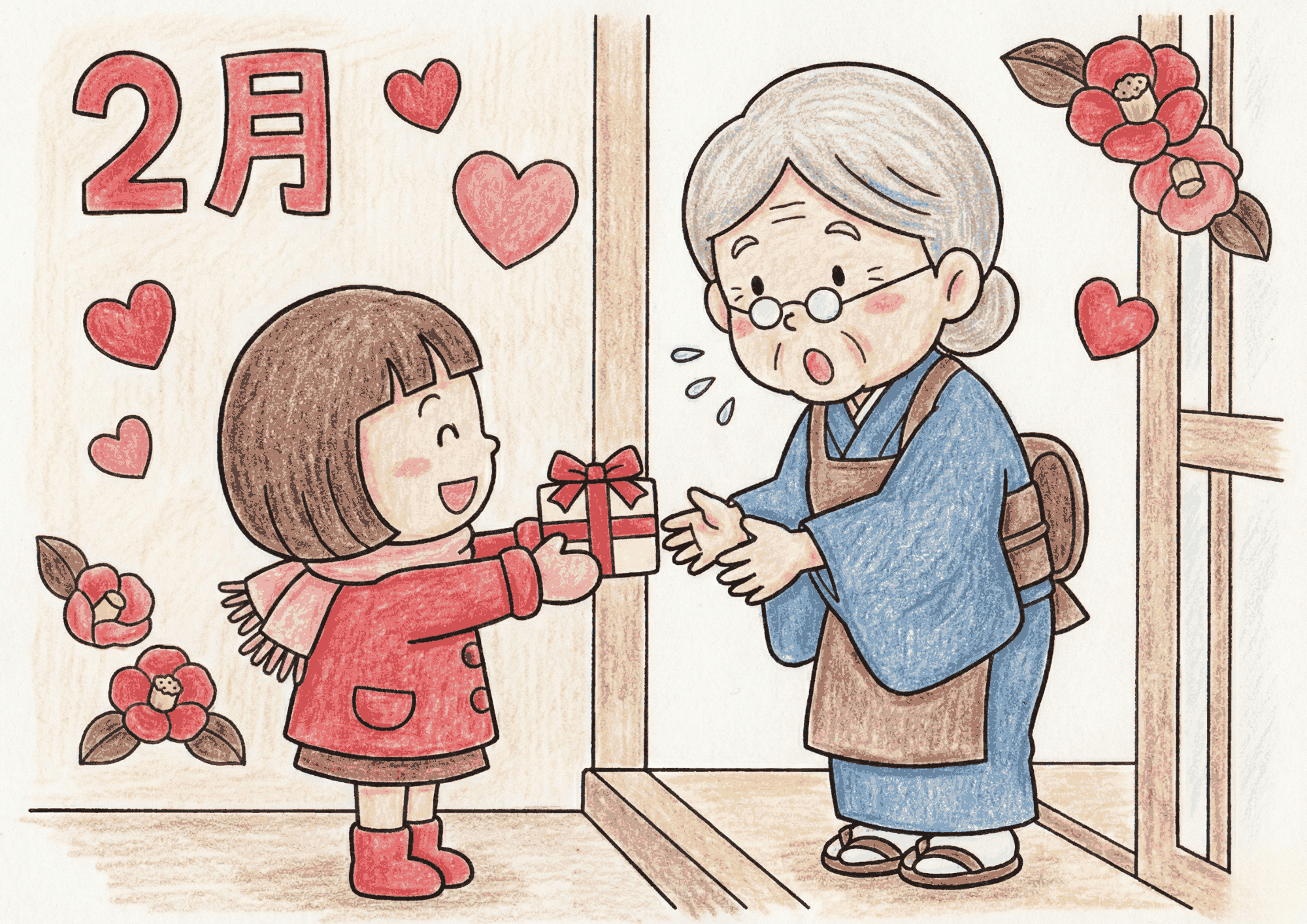 2月の塗り絵イラスト|無料ダウンロード|白黒|フリー画像素材|子どもと高齢者向け