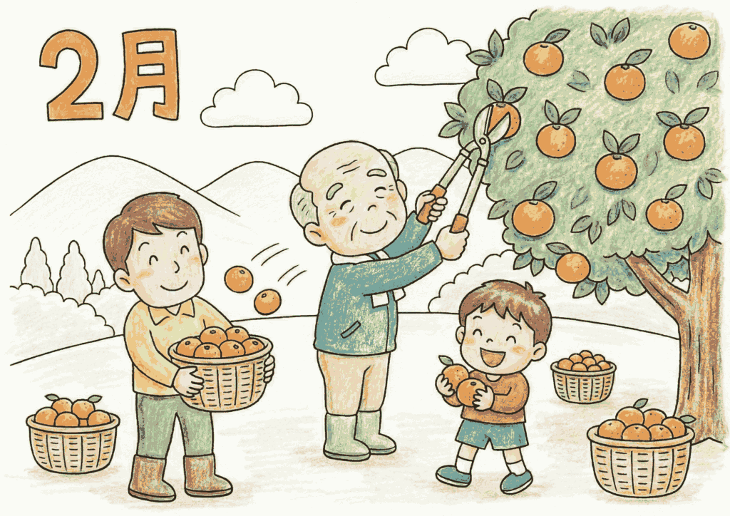 2月のみかん狩りを楽しむ家族の塗り絵画像｜無料ダウンロードできる白黒イラスト素材