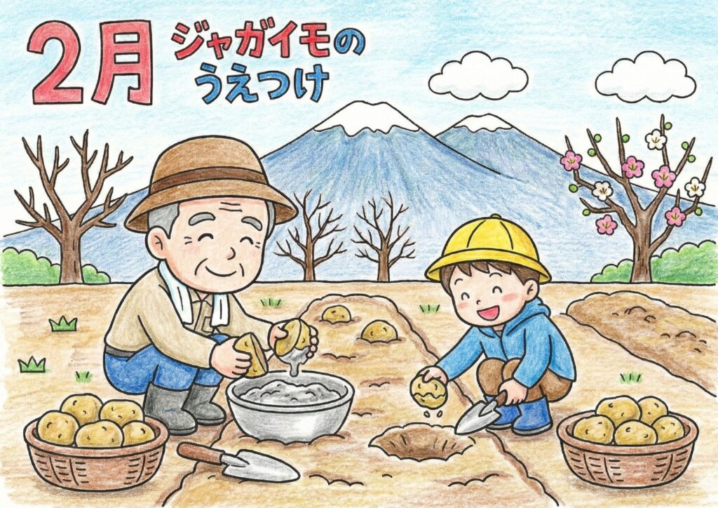 2月の畑仕事を学ぶジャガイモのうえつけの塗り絵イラスト カラー見本（無料・印刷OK）