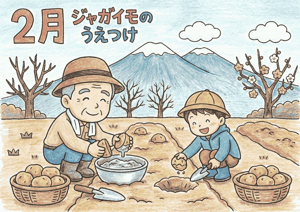 2月のジャガイモのうえつけの塗り絵画像｜無料ダウンロードできる白黒イラスト素材