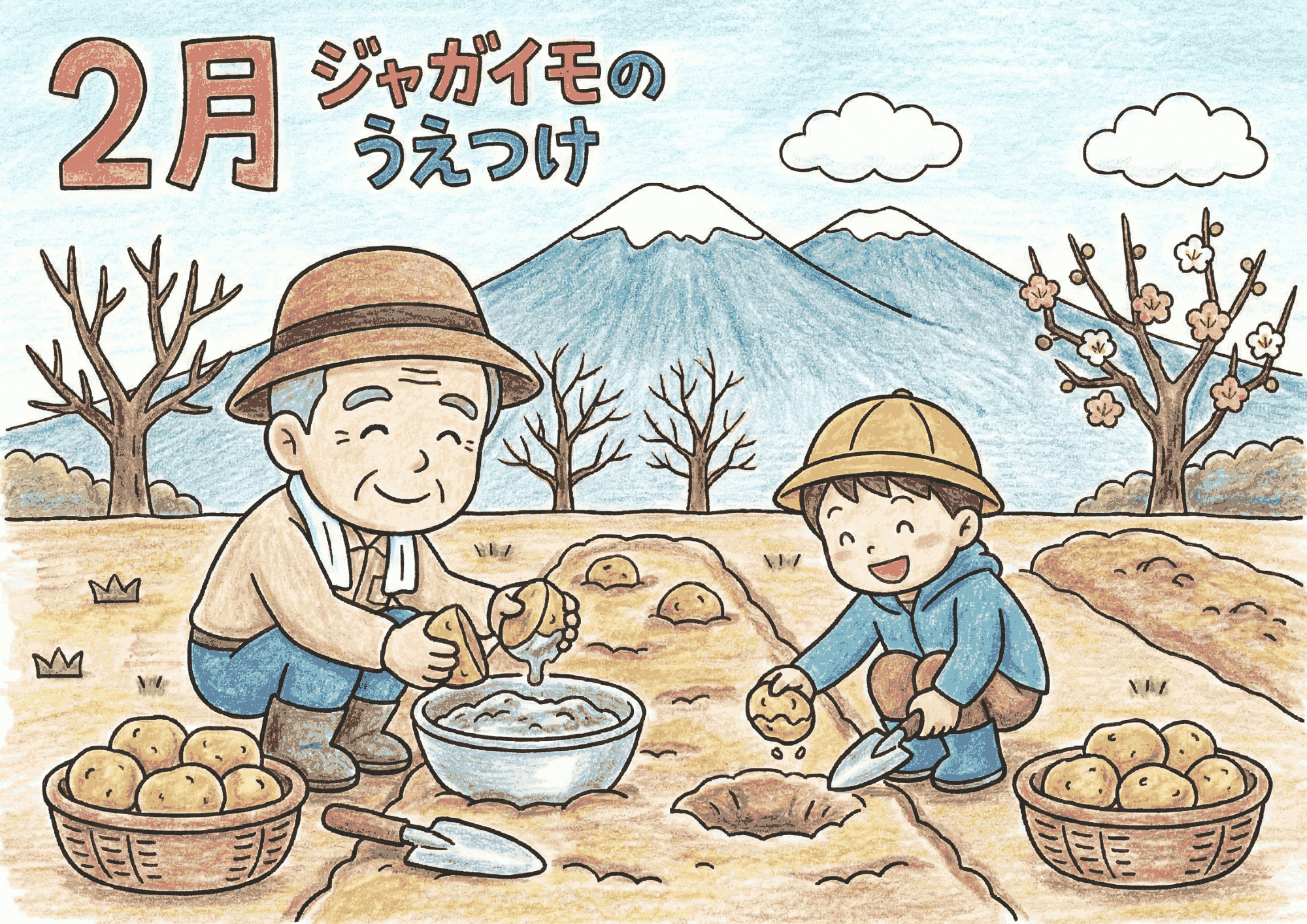 2月のジャガイモのうえつけの塗り絵画像|無料ダウンロードできる白黒イラスト素材