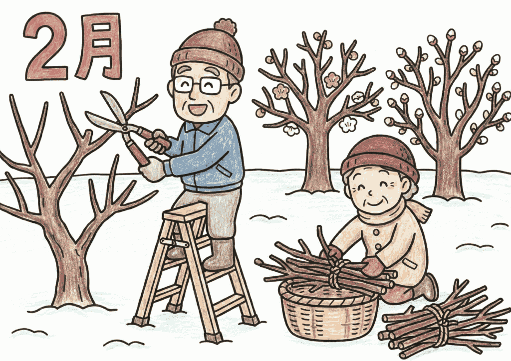2月の剪定と枝集めを描いた塗り絵画像｜無料ダウンロードできる白黒イラスト素材