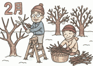 2月の剪定と枝集めを描いた塗り絵画像｜無料ダウンロードできる白黒イラスト素材