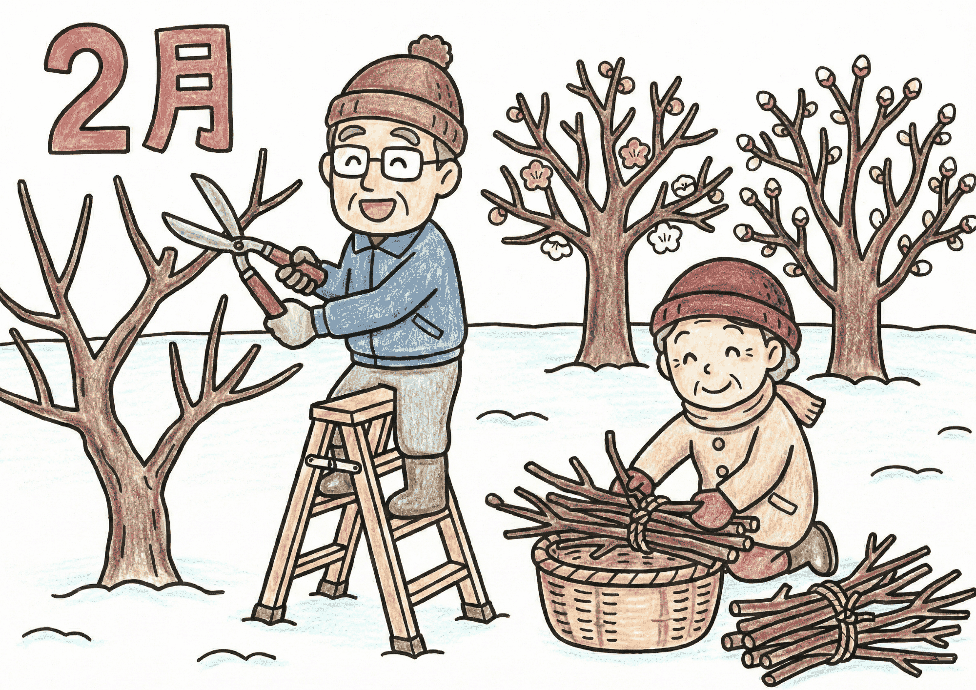2月の剪定と枝集めを描いた塗り絵画像|無料ダウンロードできる白黒イラスト素材