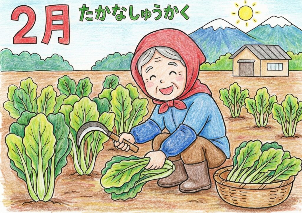 2月の高菜収穫の塗り絵イラスト カラー見本（無料・印刷OK）