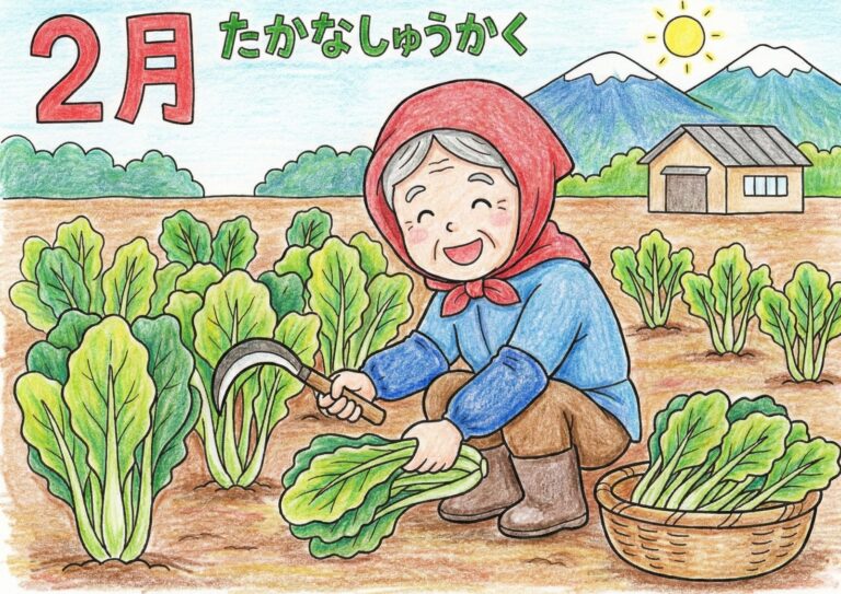 2月の高菜収穫の塗り絵イラスト