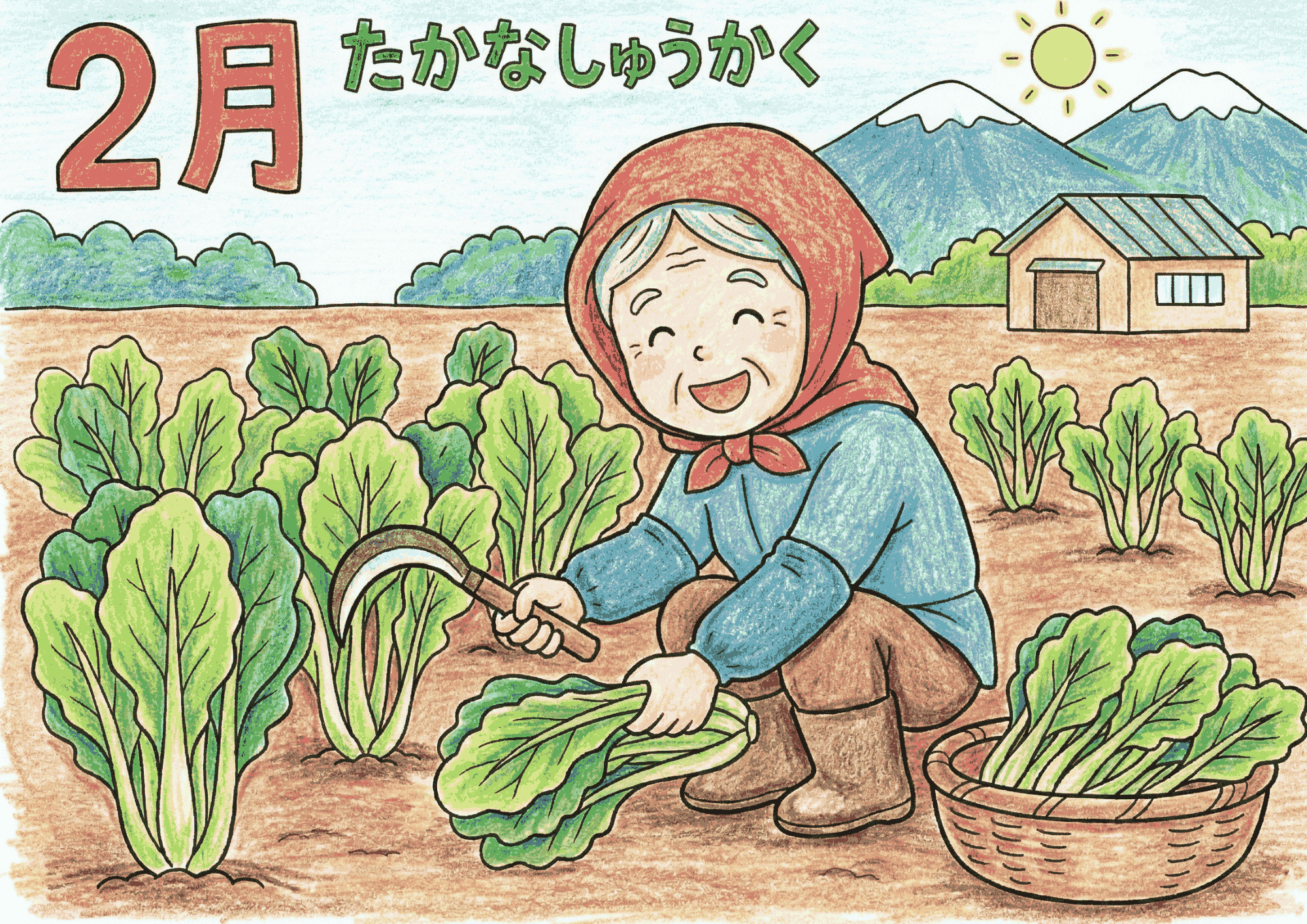 2月の高菜収穫を描いた塗り絵画像|無料ダウンロードできる白黒イラスト素材
