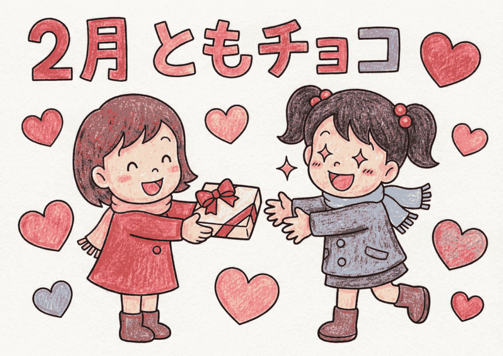 2月ともチョコの塗り絵イラスト｜無料ダウンロード｜白黒｜幼児向けフリー画像素材