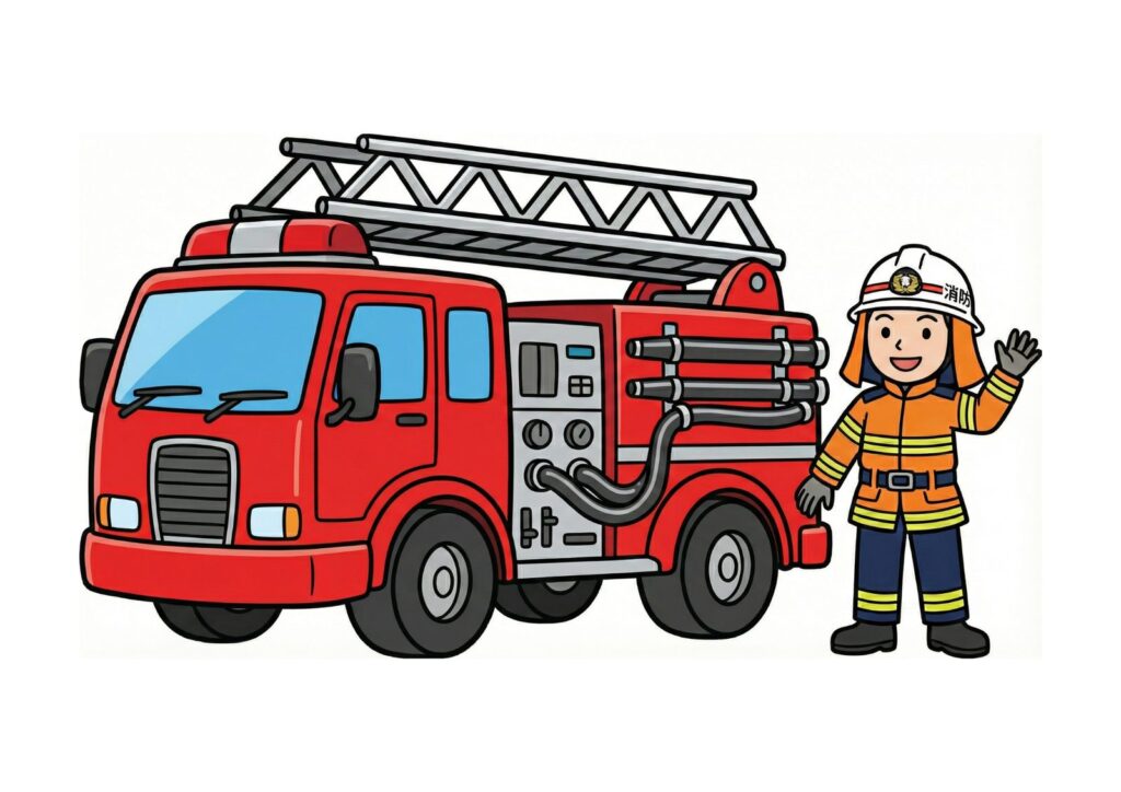 消防車と消防士の塗り絵イラスト カラー見本（無料・印刷OK）