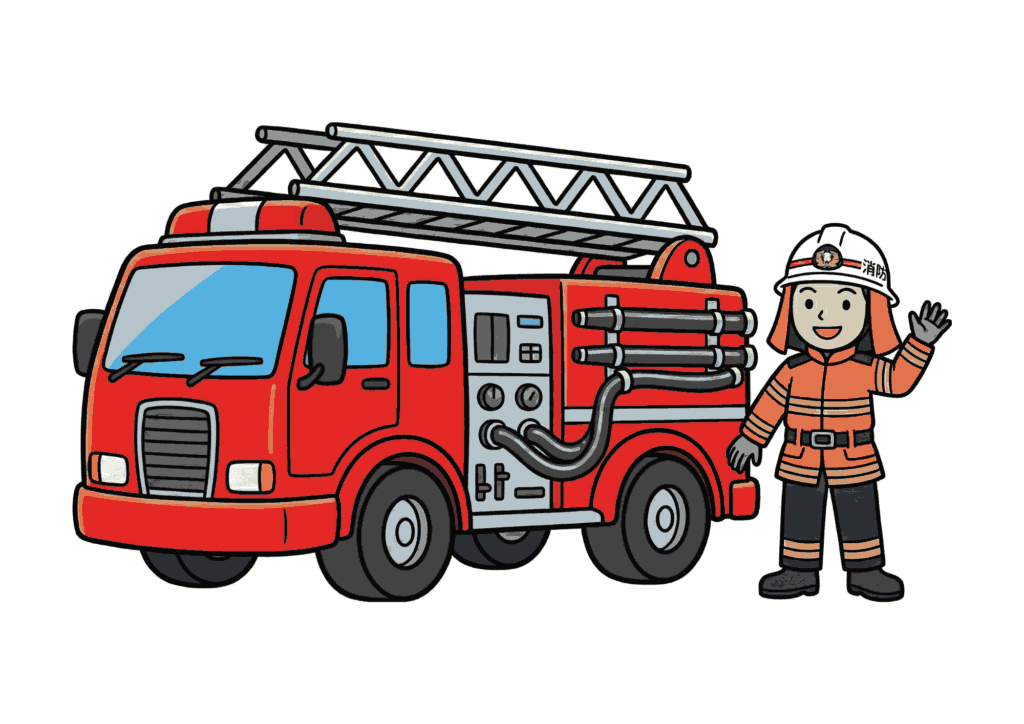 消防車と消防士の塗り絵イラスト｜子供向け｜見本付きで楽しく学べる防災ぬりえ素材