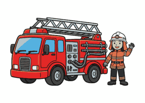消防車と消防士の塗り絵イラスト｜子供向け｜見本付きで楽しく学べる防災ぬりえ素材