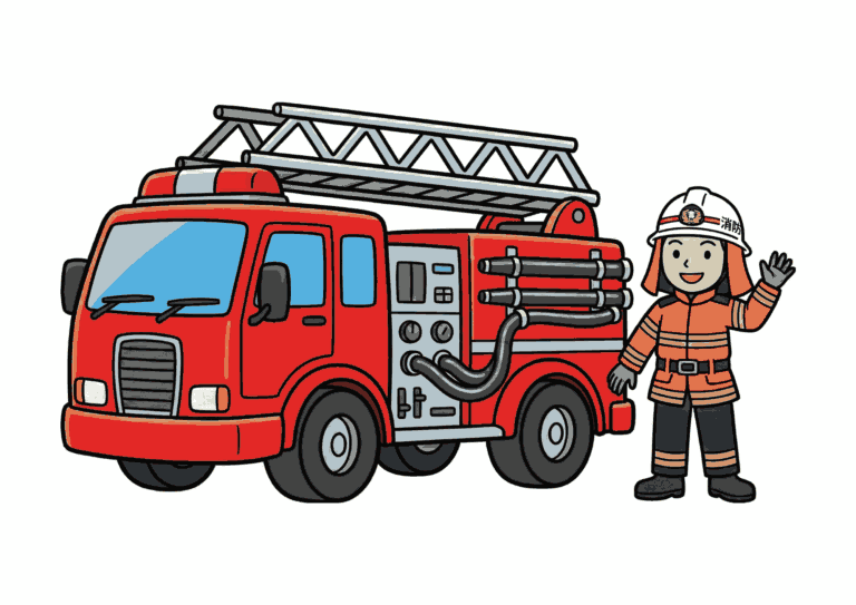 消防車と消防士の塗り絵イラスト