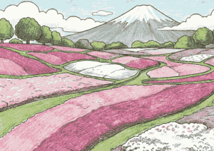 富士山と芝桜の無料塗り絵イラスト素材｜高齢者・大人向け春の風景フリー画像