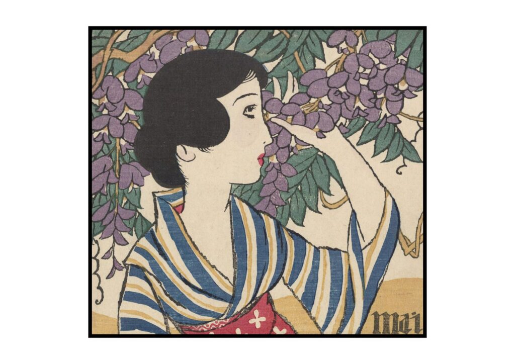 藤の花と女性の塗り絵イラスト カラー見本（無料・印刷OK）