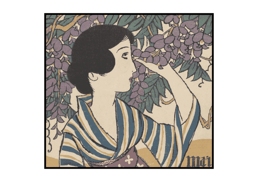 藤の花と女性の無料ぬりえイラスト｜高齢者向け｜懐かしく塗りやすい｜春の季節素材｜ダウンロード